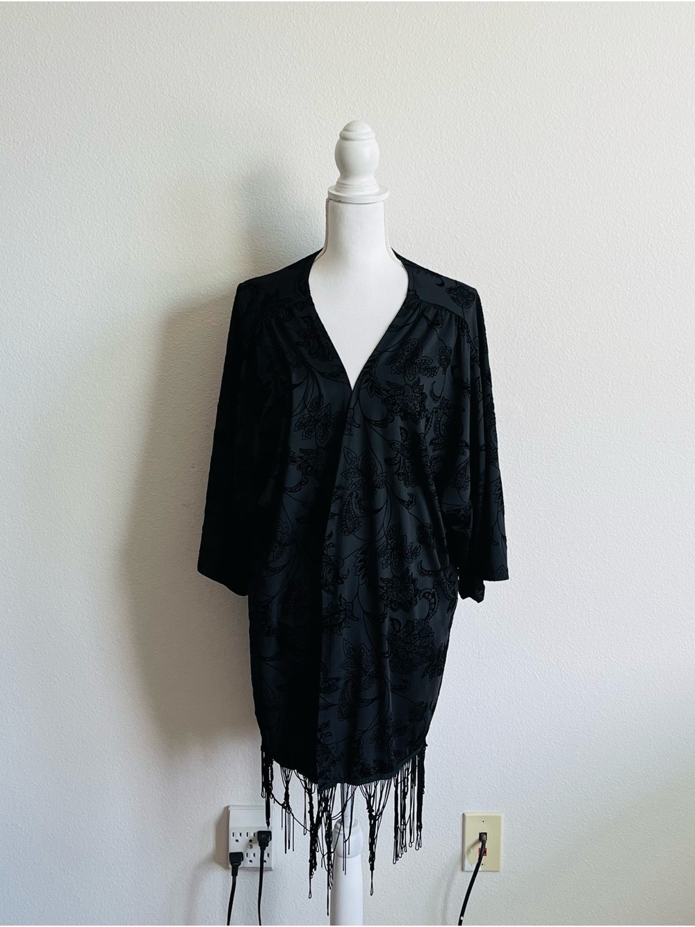 Women's Black Fringe Kimono Robe - Elegant Floral Burnout